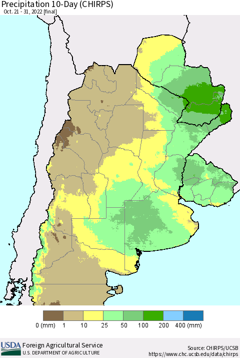 Southern South America Precipitation 10-Day (CHIRPS) Thematic Map For 10/21/2022 - 10/31/2022