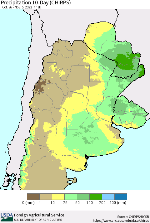 Southern South America Precipitation 10-Day (CHIRPS) Thematic Map For 10/26/2022 - 11/5/2022