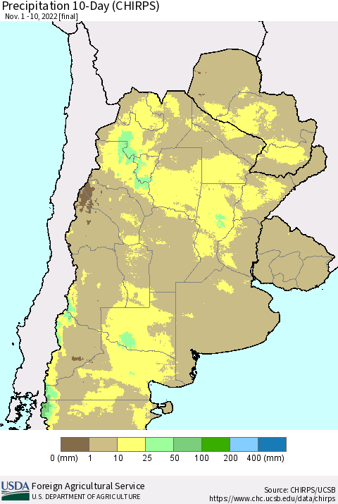 Southern South America Precipitation 10-Day (CHIRPS) Thematic Map For 11/1/2022 - 11/10/2022
