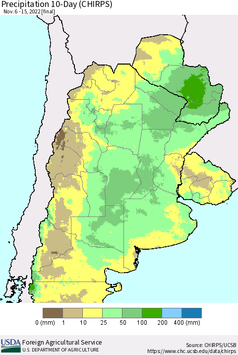Southern South America Precipitation 10-Day (CHIRPS) Thematic Map For 11/6/2022 - 11/15/2022