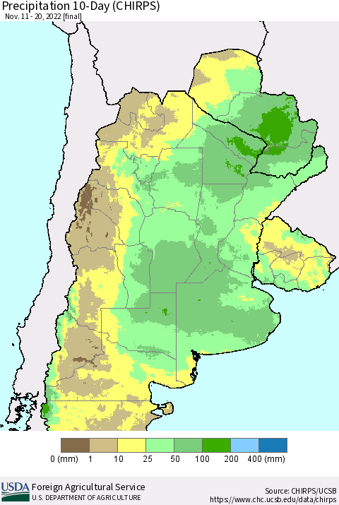 Southern South America Precipitation 10-Day (CHIRPS) Thematic Map For 11/11/2022 - 11/20/2022