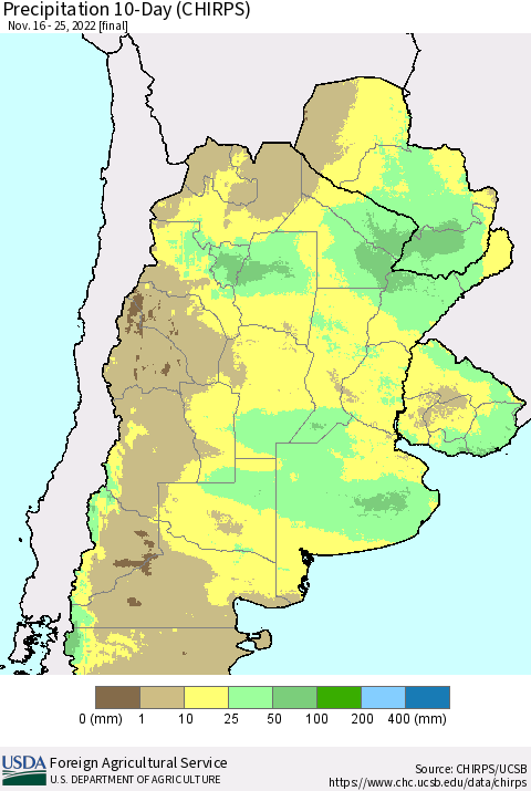 Southern South America Precipitation 10-Day (CHIRPS) Thematic Map For 11/16/2022 - 11/25/2022