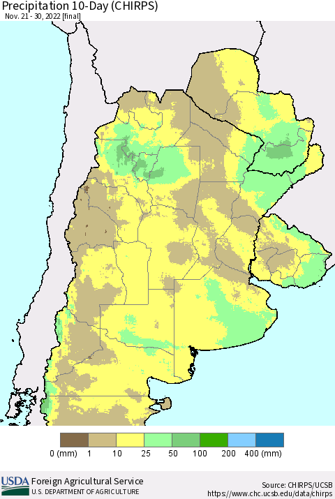 Southern South America Precipitation 10-Day (CHIRPS) Thematic Map For 11/21/2022 - 11/30/2022