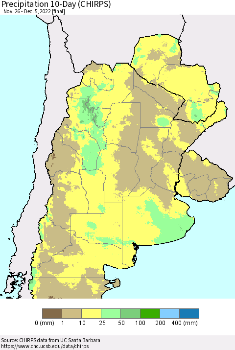 Southern South America Precipitation 10-Day (CHIRPS) Thematic Map For 11/26/2022 - 12/5/2022