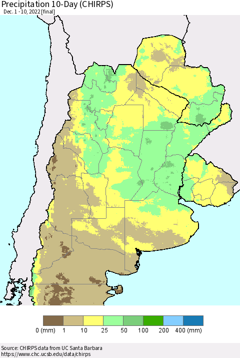 Southern South America Precipitation 10-Day (CHIRPS) Thematic Map For 12/1/2022 - 12/10/2022