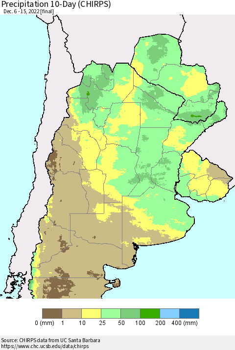 Southern South America Precipitation 10-Day (CHIRPS) Thematic Map For 12/6/2022 - 12/15/2022