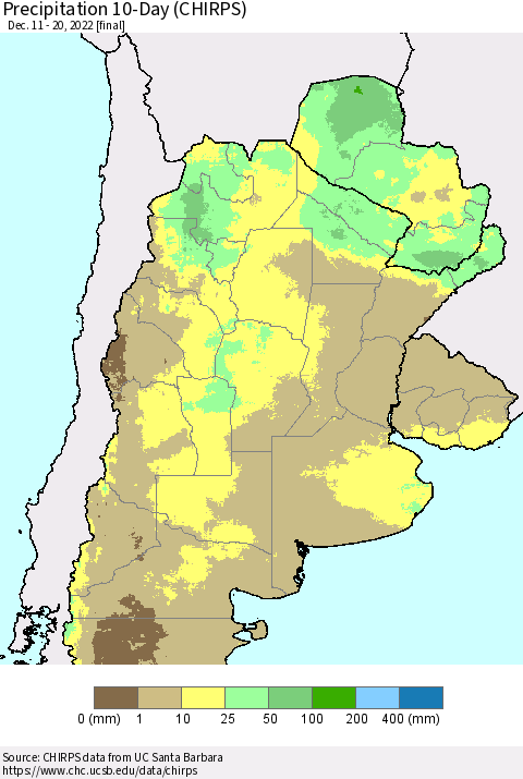 Southern South America Precipitation 10-Day (CHIRPS) Thematic Map For 12/11/2022 - 12/20/2022