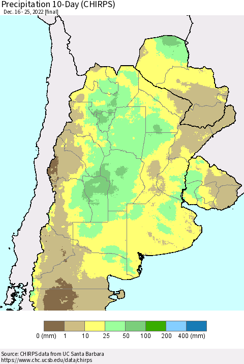 Southern South America Precipitation 10-Day (CHIRPS) Thematic Map For 12/16/2022 - 12/25/2022