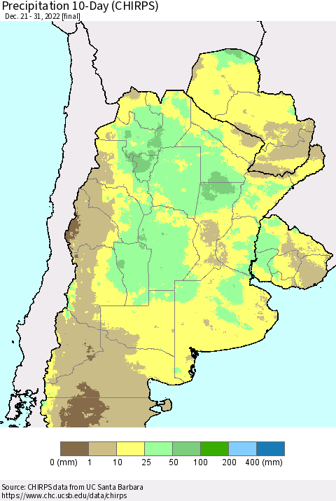 Southern South America Precipitation 10-Day (CHIRPS) Thematic Map For 12/21/2022 - 12/31/2022