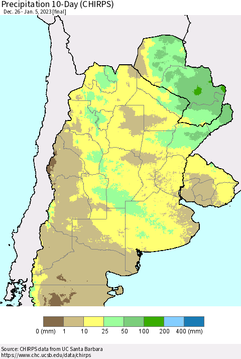 Southern South America Precipitation 10-Day (CHIRPS) Thematic Map For 12/26/2022 - 1/5/2023