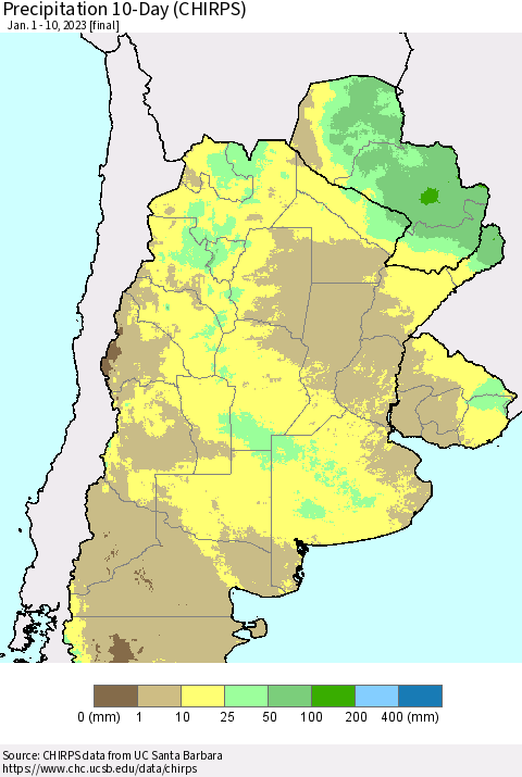 Southern South America Precipitation 10-Day (CHIRPS) Thematic Map For 1/1/2023 - 1/10/2023