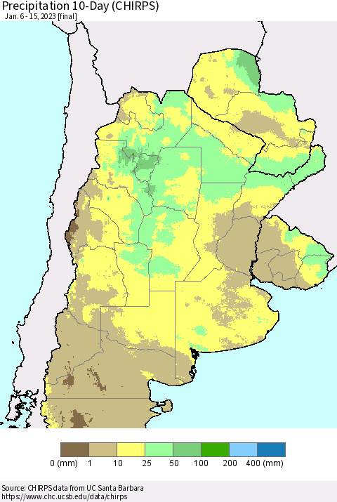 Southern South America Precipitation 10-Day (CHIRPS) Thematic Map For 1/6/2023 - 1/15/2023