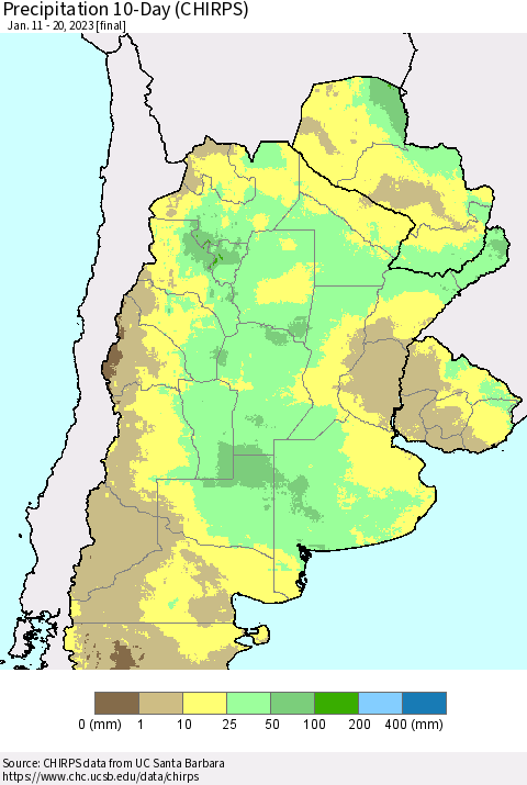 Southern South America Precipitation 10-Day (CHIRPS) Thematic Map For 1/11/2023 - 1/20/2023