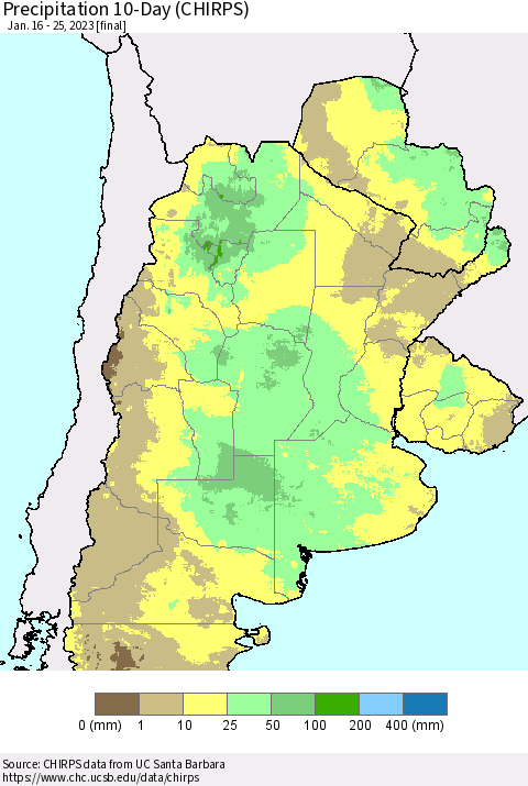 Southern South America Precipitation 10-Day (CHIRPS) Thematic Map For 1/16/2023 - 1/25/2023