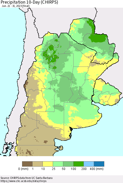 Southern South America Precipitation 10-Day (CHIRPS) Thematic Map For 1/21/2023 - 1/31/2023