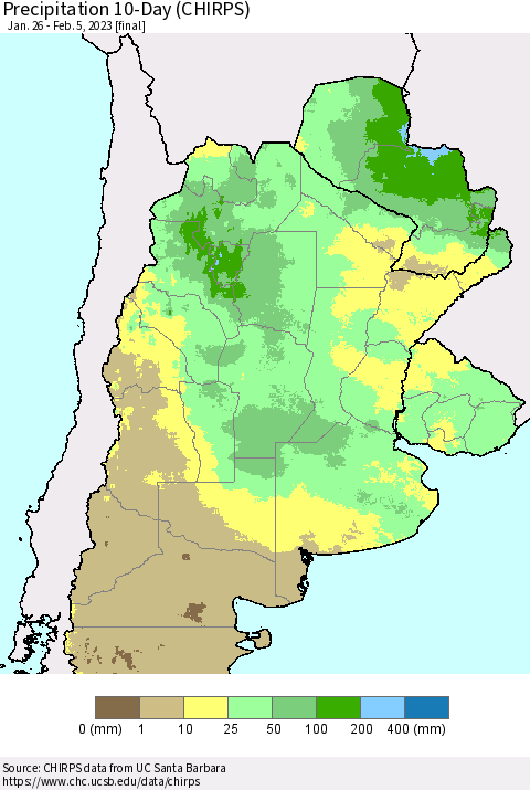 Southern South America Precipitation 10-Day (CHIRPS) Thematic Map For 1/26/2023 - 2/5/2023