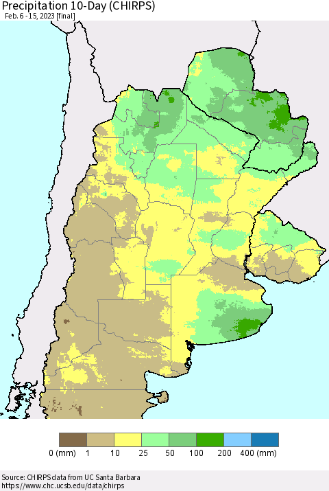 Southern South America Precipitation 10-Day (CHIRPS) Thematic Map For 2/6/2023 - 2/15/2023