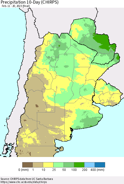 Southern South America Precipitation 10-Day (CHIRPS) Thematic Map For 2/11/2023 - 2/20/2023