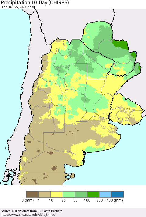 Southern South America Precipitation 10-Day (CHIRPS) Thematic Map For 2/16/2023 - 2/25/2023