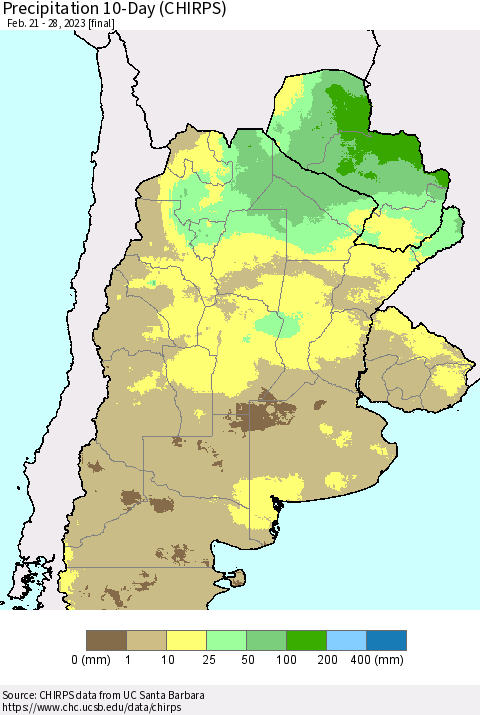 Southern South America Precipitation 10-Day (CHIRPS) Thematic Map For 2/21/2023 - 2/28/2023