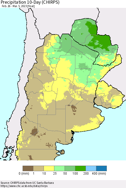 Southern South America Precipitation 10-Day (CHIRPS) Thematic Map For 2/26/2023 - 3/5/2023