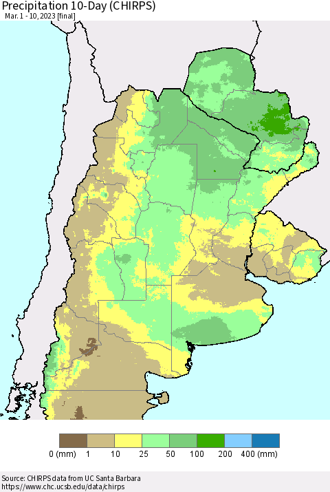 Southern South America Precipitation 10-Day (CHIRPS) Thematic Map For 3/1/2023 - 3/10/2023