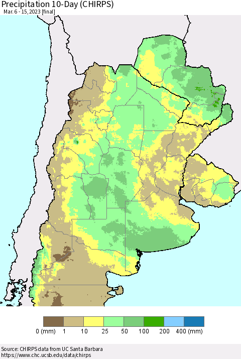 Southern South America Precipitation 10-Day (CHIRPS) Thematic Map For 3/6/2023 - 3/15/2023