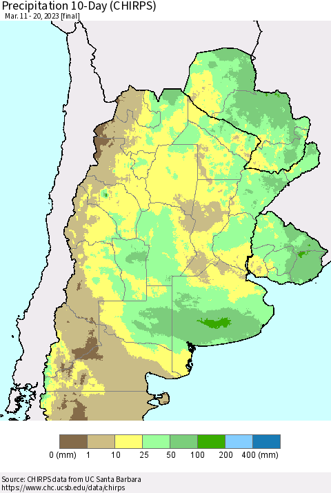 Southern South America Precipitation 10-Day (CHIRPS) Thematic Map For 3/11/2023 - 3/20/2023