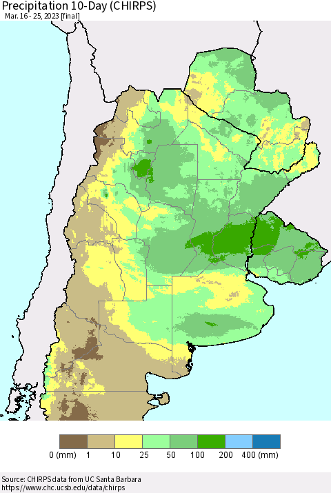 Southern South America Precipitation 10-Day (CHIRPS) Thematic Map For 3/16/2023 - 3/25/2023