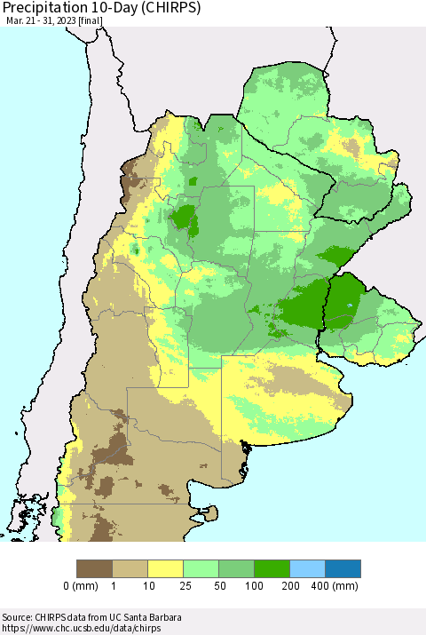 Southern South America Precipitation 10-Day (CHIRPS) Thematic Map For 3/21/2023 - 3/31/2023