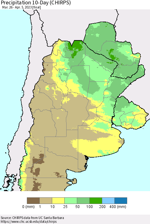 Southern South America Precipitation 10-Day (CHIRPS) Thematic Map For 3/26/2023 - 4/5/2023