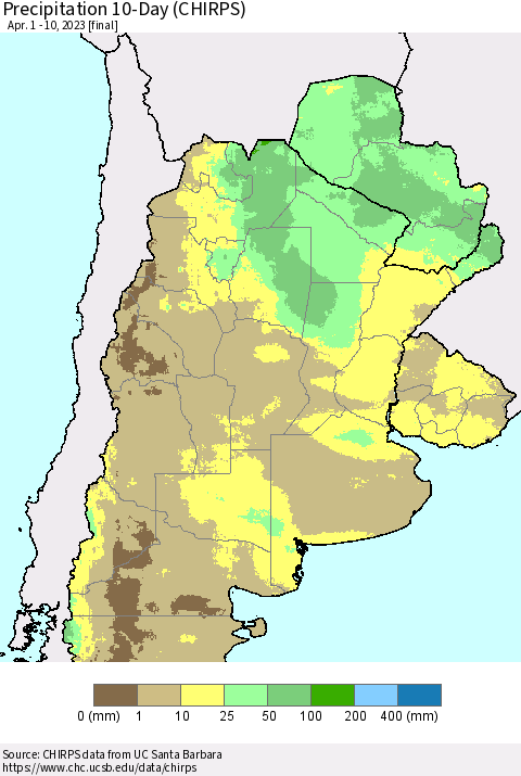 Southern South America Precipitation 10-Day (CHIRPS) Thematic Map For 4/1/2023 - 4/10/2023