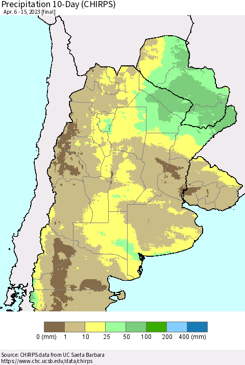 Southern South America Precipitation 10-Day (CHIRPS) Thematic Map For 4/6/2023 - 4/15/2023