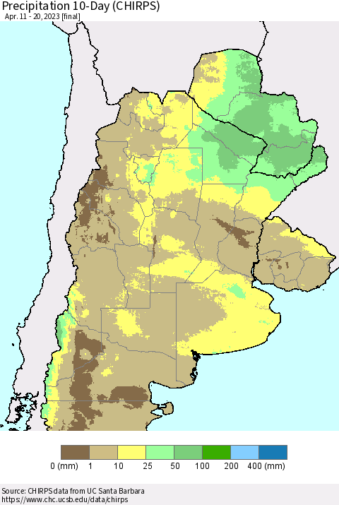 Southern South America Precipitation 10-Day (CHIRPS) Thematic Map For 4/11/2023 - 4/20/2023