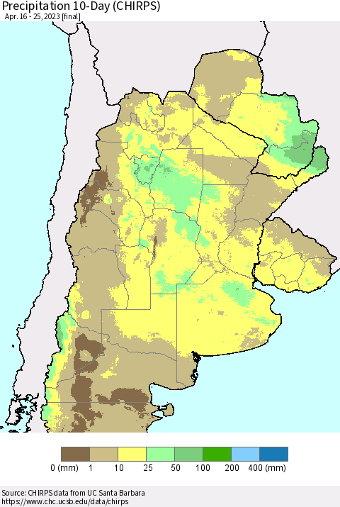 Southern South America Precipitation 10-Day (CHIRPS) Thematic Map For 4/16/2023 - 4/25/2023