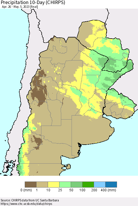 Southern South America Precipitation 10-Day (CHIRPS) Thematic Map For 4/26/2023 - 5/5/2023