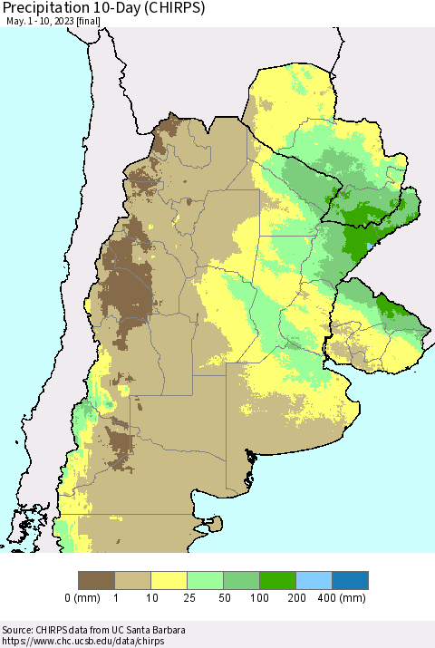 Southern South America Precipitation 10-Day (CHIRPS) Thematic Map For 5/1/2023 - 5/10/2023