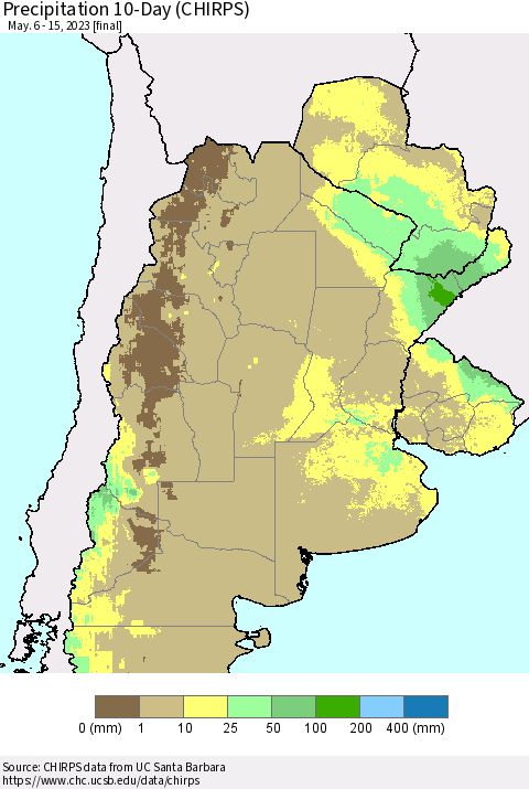 Southern South America Precipitation 10-Day (CHIRPS) Thematic Map For 5/6/2023 - 5/15/2023