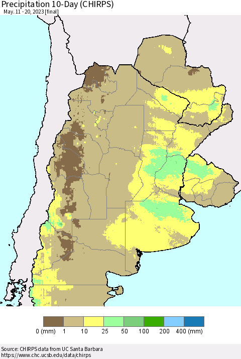 Southern South America Precipitation 10-Day (CHIRPS) Thematic Map For 5/11/2023 - 5/20/2023