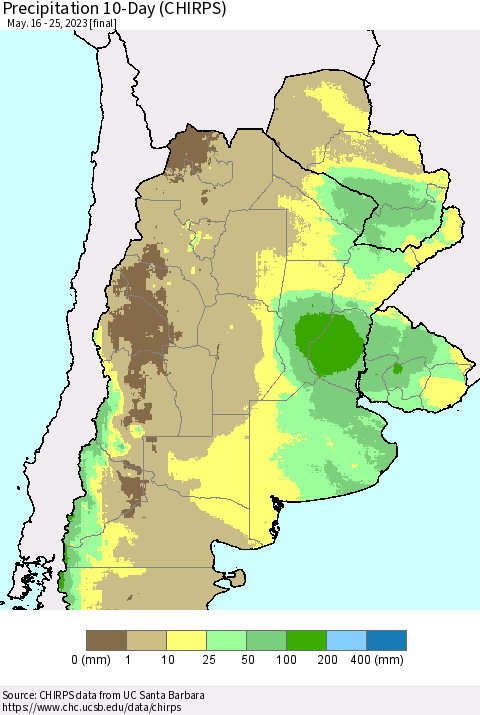 Southern South America Precipitation 10-Day (CHIRPS) Thematic Map For 5/16/2023 - 5/25/2023