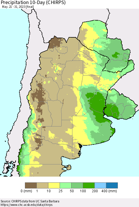 Southern South America Precipitation 10-Day (CHIRPS) Thematic Map For 5/21/2023 - 5/31/2023