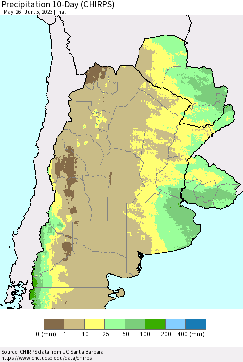 Southern South America Precipitation 10-Day (CHIRPS) Thematic Map For 5/26/2023 - 6/5/2023