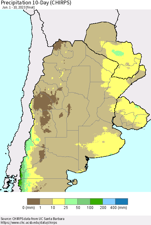 Southern South America Precipitation 10-Day (CHIRPS) Thematic Map For 6/1/2023 - 6/10/2023