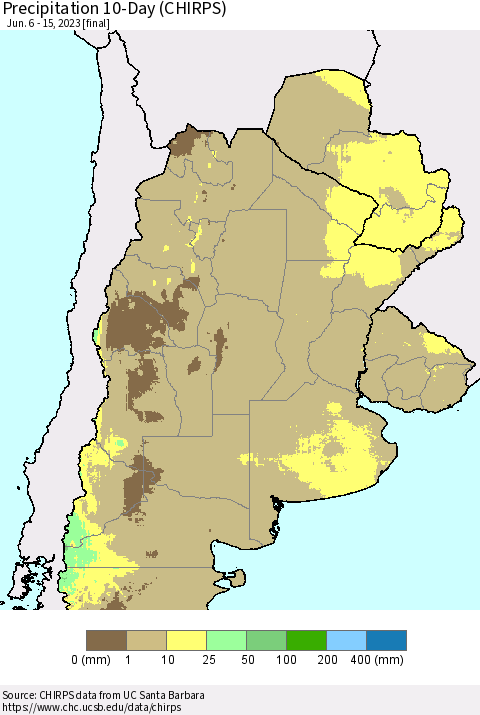 Southern South America Precipitation 10-Day (CHIRPS) Thematic Map For 6/6/2023 - 6/15/2023