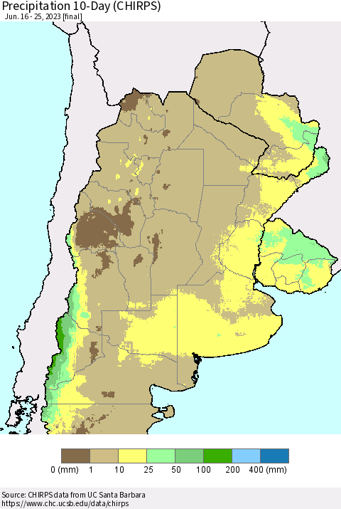 Southern South America Precipitation 10-Day (CHIRPS) Thematic Map For 6/16/2023 - 6/25/2023