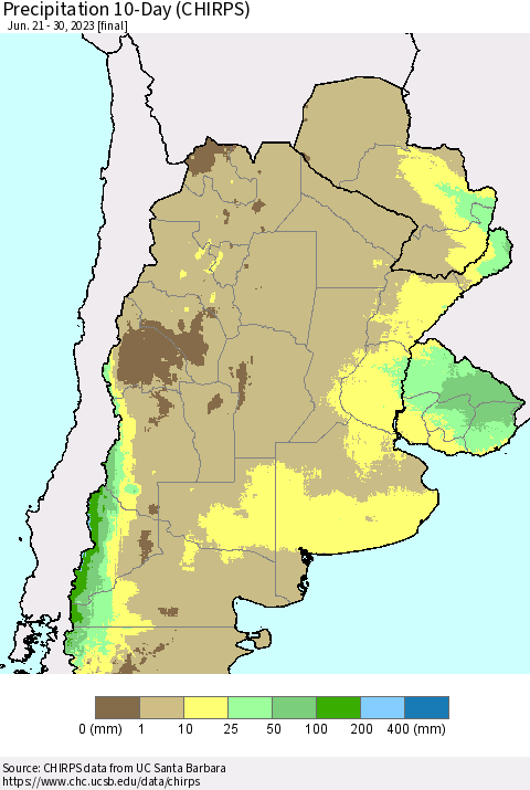 Southern South America Precipitation 10-Day (CHIRPS) Thematic Map For 6/21/2023 - 6/30/2023