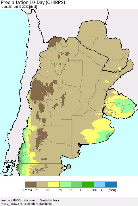 Southern South America Precipitation 10-Day (CHIRPS) Thematic Map For 6/26/2023 - 7/5/2023
