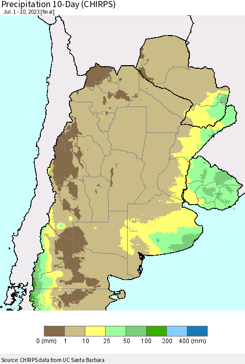 Southern South America Precipitation 10-Day (CHIRPS) Thematic Map For 7/1/2023 - 7/10/2023