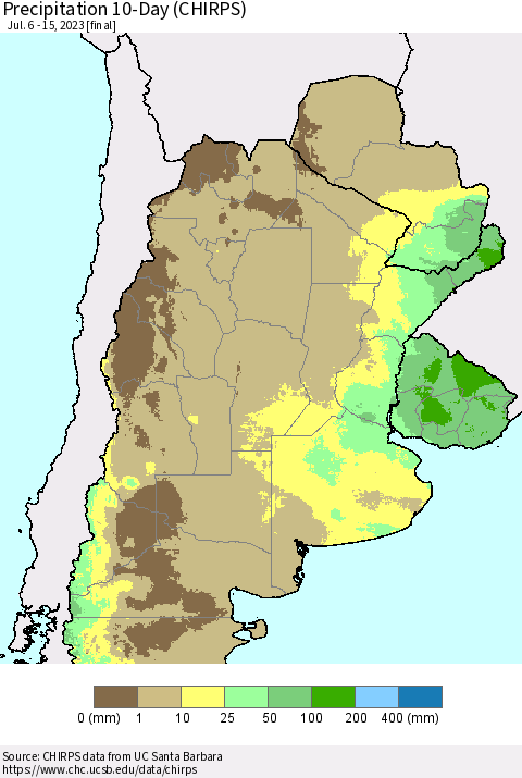 Southern South America Precipitation 10-Day (CHIRPS) Thematic Map For 7/6/2023 - 7/15/2023