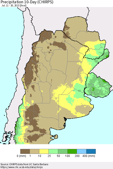 Southern South America Precipitation 10-Day (CHIRPS) Thematic Map For 7/11/2023 - 7/20/2023